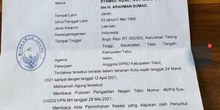Beredar Petikan Putusan MA, Waka DPRD Tebo Dijatuhkan Pidana 2 Tahun, Denda Rp 500 Juta