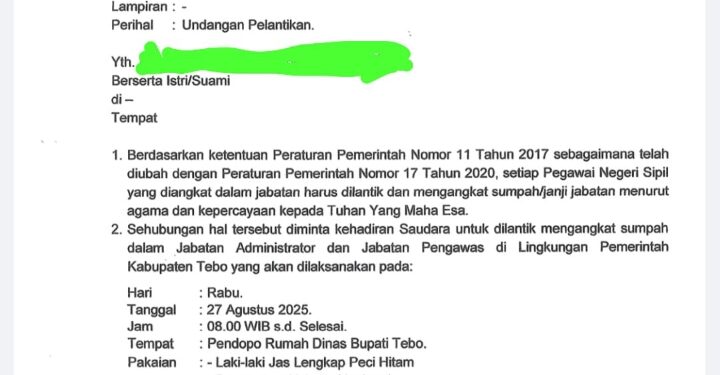 Beredar Surat Undangan Pelantikan Pejabat Pemkab Tebo Besok!