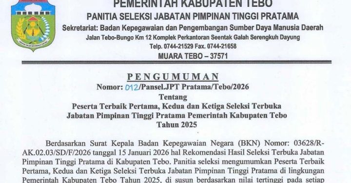 Lengkap! Ini Daftar Tiga Besar Seleksi Terbuka Sekda dan Kepala OPD Kabupaten Tebo