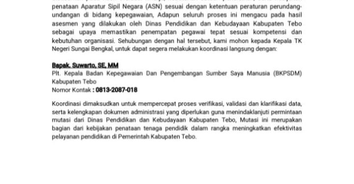 BKPSDM Tebo Tegaskan Surat Mutasi ke Sekolah Negeri Palsu, Dipastikan Penipuan